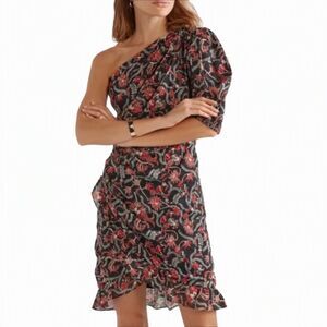 Isabel Marant Etoile Esther One Shoulder Black Red Floral Dress US 4 FR36
